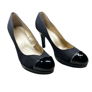 Tahari Black Heels Womens Size 8 Laurie Fabric Patent Leather Toe Pumps‎